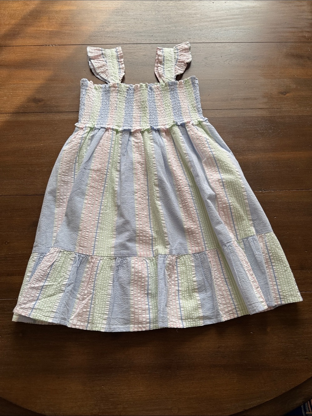 New Sz 12 Janie and Jack lined cotton seersucker pastel striped smocked dress